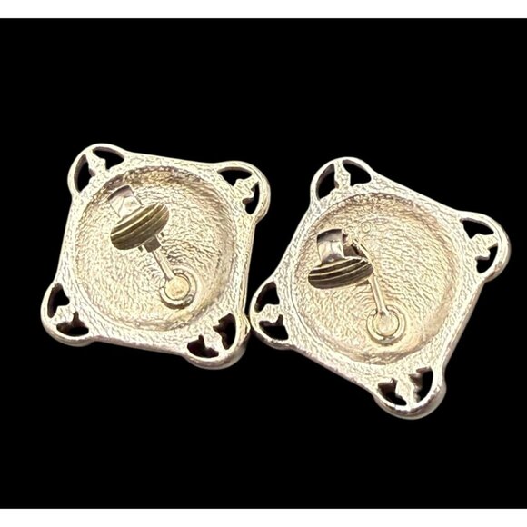 Vintage 80s Silver Blue Purple Faux Cabochon Tone Clip-On Earrings Lot 4 Pairs - Picture 7 of 13